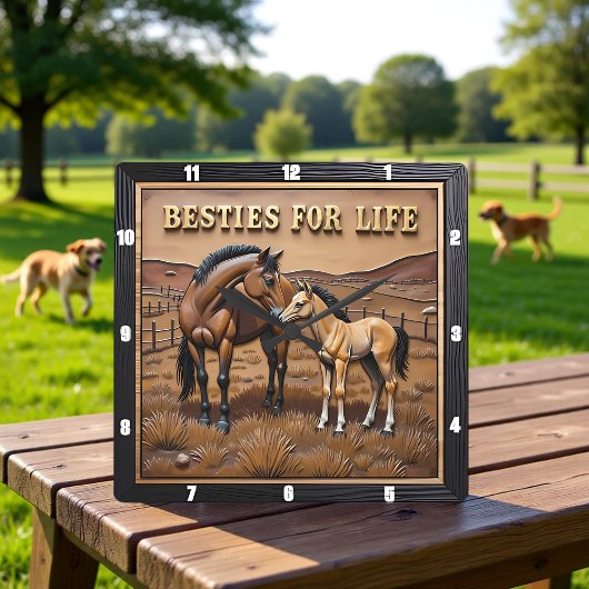 Mother Foal Horses Pasture Quadratische Wanduhr