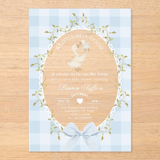 Mother Goose Silly Baby Shower Blue Gingham Acryleinladungen (Vorderseite)