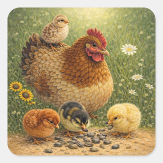 Mother Hen with Chicks Feeding on Sunflower Seeds Quadratischer Aufkleber