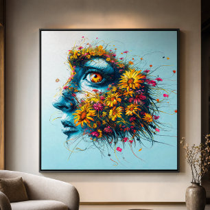 Mother Nature Teal Frauengesicht Bunte Wildblumen Leinwanddruck