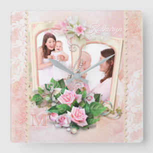 Mother’s Day Roses Lace Pearls Vintage Photo Frame Quadratische Wanduhr