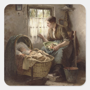 Motherly Zuneigung (Öl auf Leinwand) Quadratischer Aufkleber