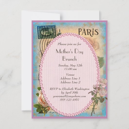 Mother's Day Brunch Paris Eiffelturm & Rose Einladung (Rückseite)