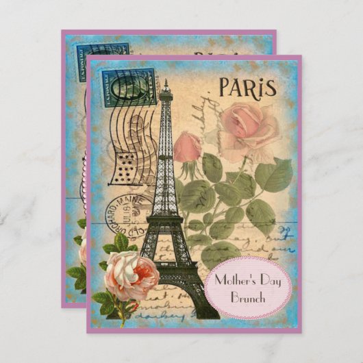 Mother's Day Brunch Paris Eiffelturm & Rose Einladung (Vorne/Hinten)