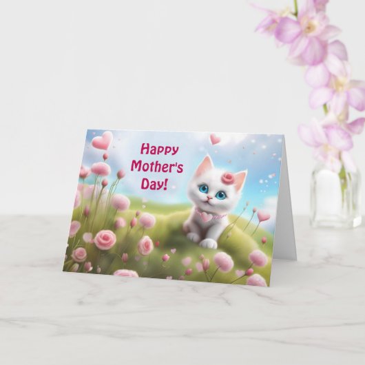 Mothers Day General with Cute White Kitten  Karte (Orchidee)