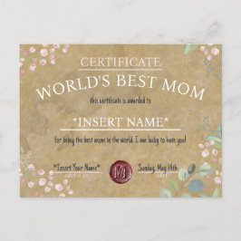 Mother's Day World's Best Mom Certificate Ankündigungspostkarte