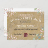 Mother's Day World's Best Mom Certificate Ankündigungspostkarte (Vorne/Hinten)