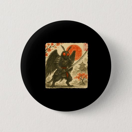 Mothman Samurai Japanese Warrior Costume Sumi-e Ar Button (Vorderseite)