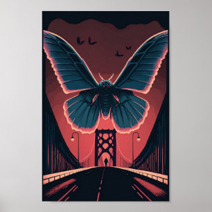 Mothman und Bridge Spooky Holzschnitt Art Print Poster