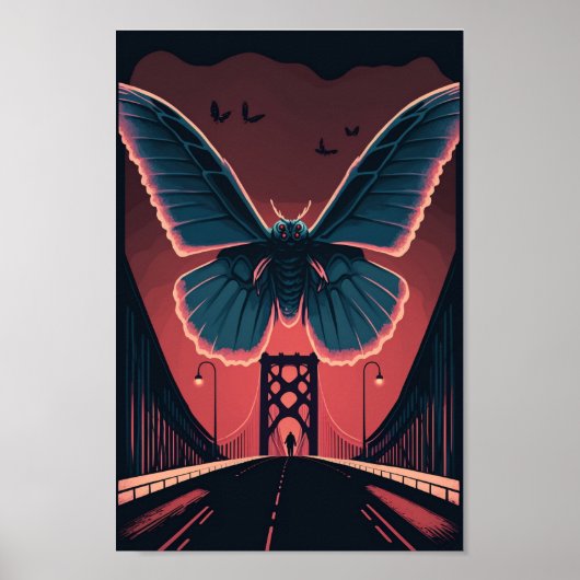 Mothman und Bridge Spooky Holzschnitt Art Print Poster (Vorne)