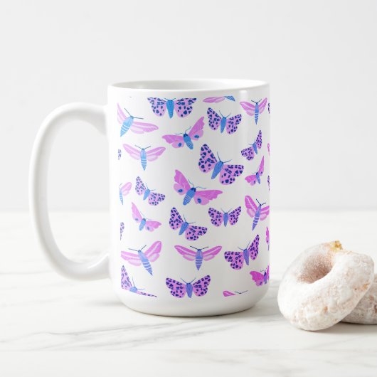 Moths Muster Pink Blau Lila Kaffeetasse (Mit Donut)