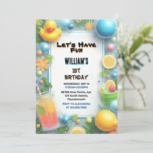 Motif Splash Bubbles Summer Duck Foam 1. Geburtsta Einladung (Stehend Vorderseite)