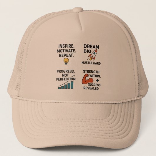 Motivational Quote Cap – Hustle Hard, Dream Big, I Truckerkappe (Vorderseite)