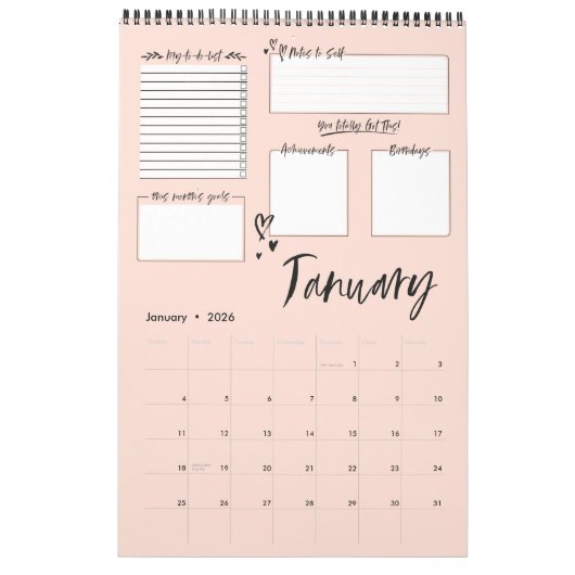 Motivierend monatliche Planung des organisierten C Kalender (Jan 2026)