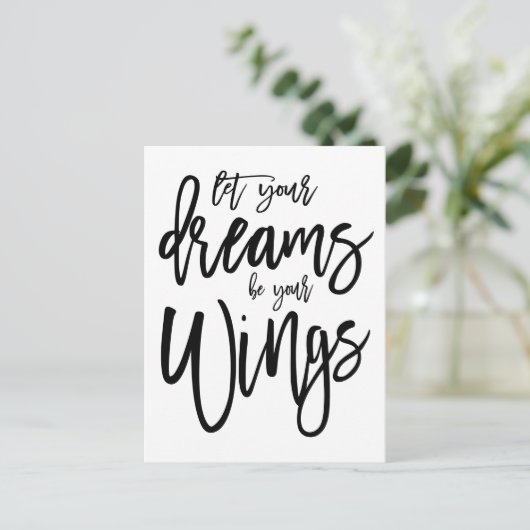 Motivierend Träume werden Ihre Flügel Skript weiß Postkarte (Stehend Vorderseite)