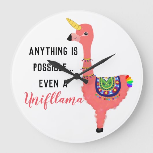 Motivierend Unifllama: Einhorn-Flamingo-Lama Große Wanduhr (Vorderseite)