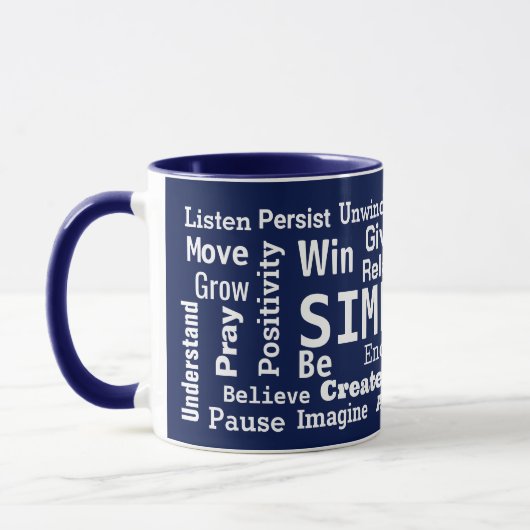 Motivierend Word Cloud über Navy Blue Tasse (Links)