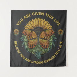 Motivierend Zitat von Sonnenblumen und Schmetterli Wandteppich