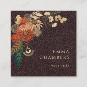Moto Boho Floral Brown Leather Business Card Quadratische Visitenkarte