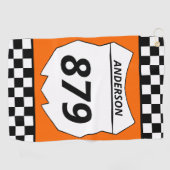 Motocross Custom Dirt Bike Number Plate auf Orange Golfhandtuch (Horizontal)
