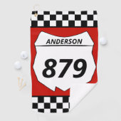 Motocross Custom Dirt Bike Number Plate auf Red Golfhandtuch (Insitu)