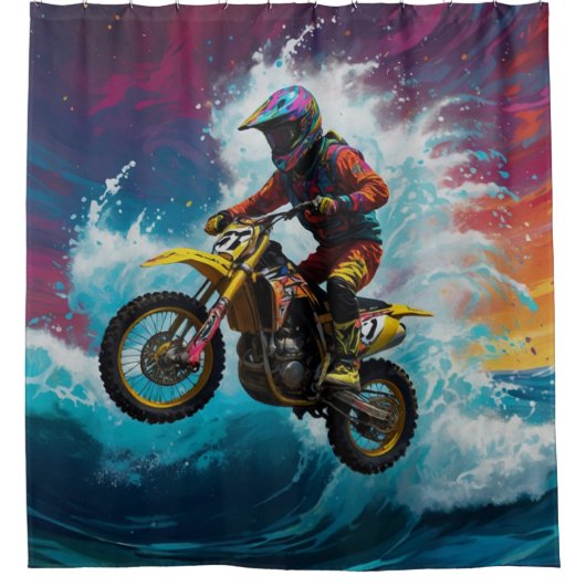 Motocross Rider Racing the Waves Duschvorhang (Vorderseite)