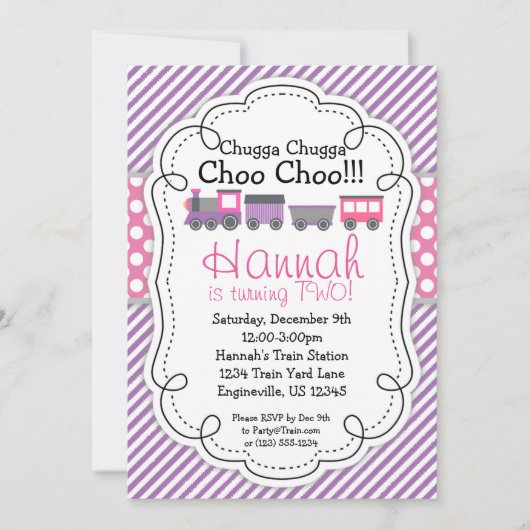 Motor Lila Streifen Pink Polka Dot Geburtstag Einladung (Vorderseite)