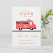 Motor von Red Navy Fire Truck jedes Alter Geburtst Dankeskarte (Stehend Vorderseite)