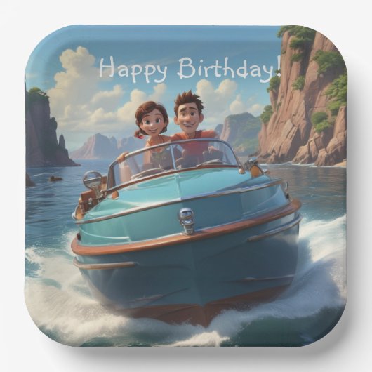 Motorboot Birthday Pappteller (Vorderseite)