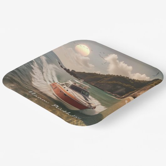 Motorboot Geburtstag Pappteller (Gewinkelt)