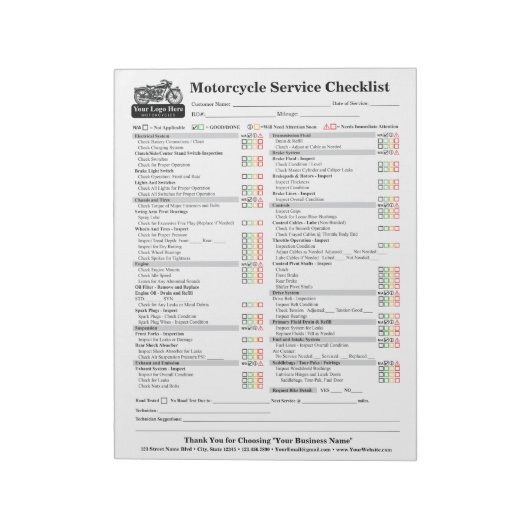 Motorcycle Service Checklist 8.5x11 Notizblock (Rotiert)