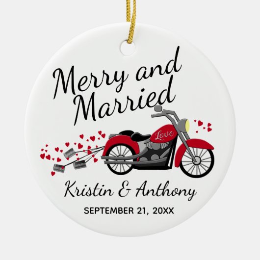 Motorcycle Wedding Newlywed Merry & Married Keramik Ornament (Vorne)