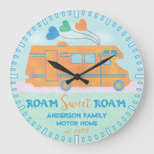 Motorhome RV Camper Sweet Roam Personalisierter Na Große Wanduhr (Vorderseite)