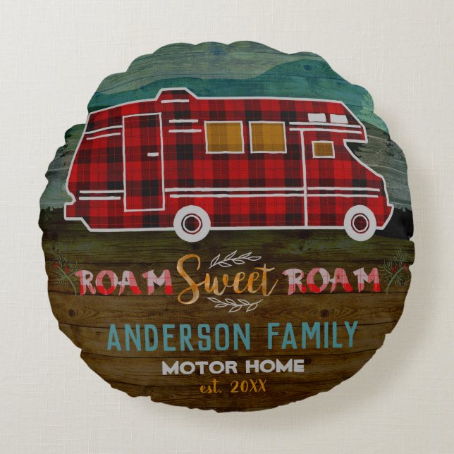 Motorhome RV Camper Travel Van Rustic Personalized Rundes Kissen (Vorderseite)