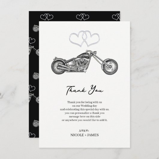 Motorrad Black & Silver Hearts Biker Vielen Dank Einladung (Vorne/Hinten)