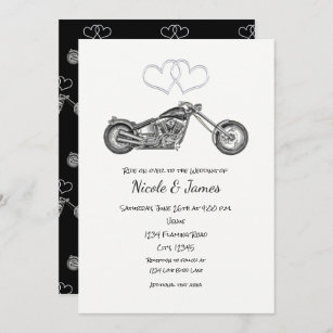 Motorrad Black & Silver Hearts Biker Wedding Einladung