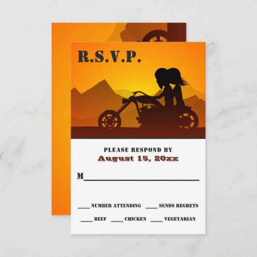 Motorrad-Coupé Sonnenuntergang/Sonnenaufgang Hochz RSVP Karte (Vorne/Hinten)