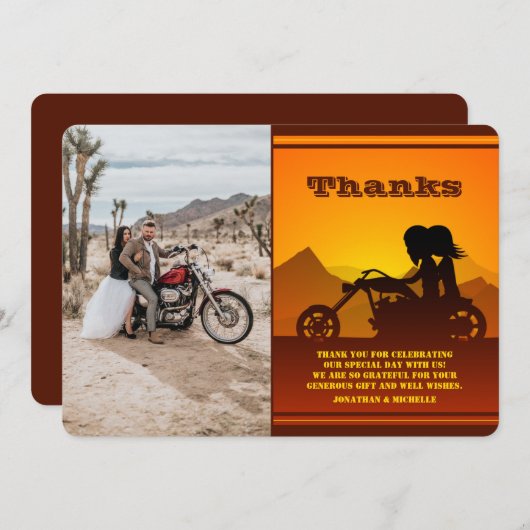Motorrad Couple Mountain Sunset Foto Hochzeit Dankeskarte (Vorne/Hinten)