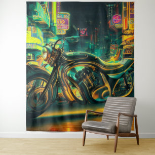 Motorrad in Neon City Wandteppich