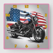 Motorrad mit amerikanischer Flagge Quadratische Wanduhr (Vorderseite)