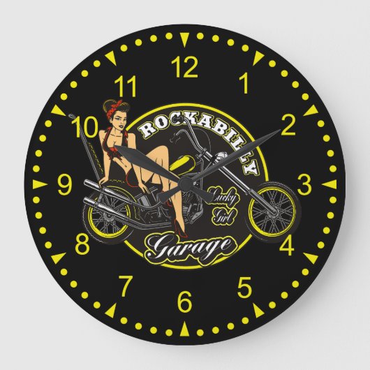 Motorrad Pinup Babe Garage Große Wanduhr (Vorderseite)