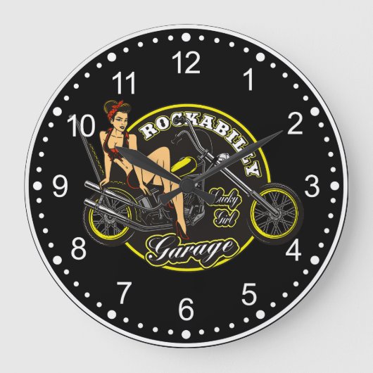 Motorrad Pinup Babe Garage Große Wanduhr (Vorderseite)