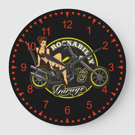 Motorrad Pinup Babe Rockabilly Garage Große Wanduhr (Vorderseite)