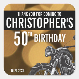 Motorrad Thema, 50. Geburtstag, Gold und Schwarz Quadratischer Aufkleber