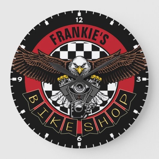 Motorrad-Werkstatt für den individuellen NAME-Bike Große Wanduhr (Vorderseite)