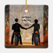 Motorräder Autumn Forest Coups Erste Weihnachten Keramikornament (Rückseite)