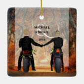 Motorräder Autumn Forest Coups Erste Weihnachten Keramikornament (Rückseite)
