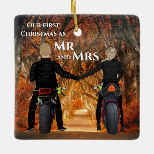 Motorräder Autumn Forest Coups Erste Weihnachten Keramikornament (Vorderseite)