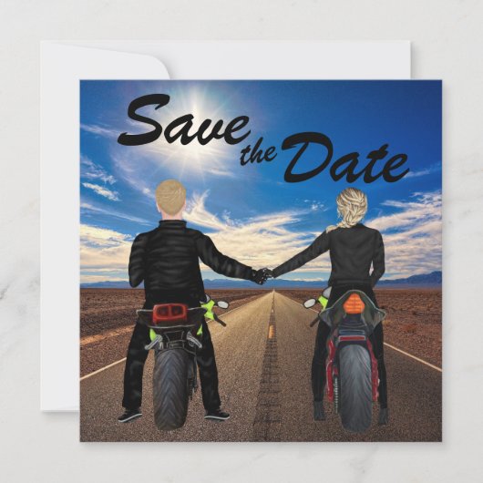 Motorräder für Paare auf der sonnigen Autobahn Hoc Save The Date (Vorderseite)