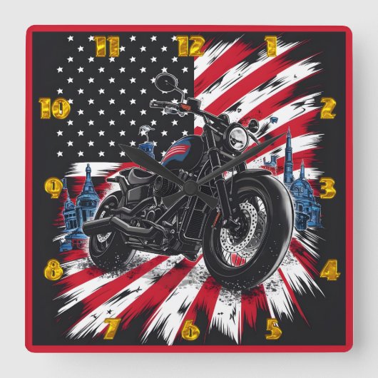 Motorradfahren vor patriotischem Hintergrund Quadratische Wanduhr (Vorderseite)
